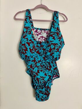 Lands End size 22W Grecian SlenderSuit Swimsuit Turquoise & Burgundy NWOT
